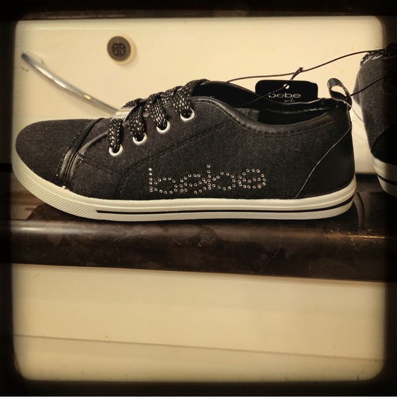 NWT BEBE GIRLS CHARCOAL SNEAKERS BEBE RHINESTONES GLITTERY LACES BEBE CHARM 2/3 - Picture 16 of 16